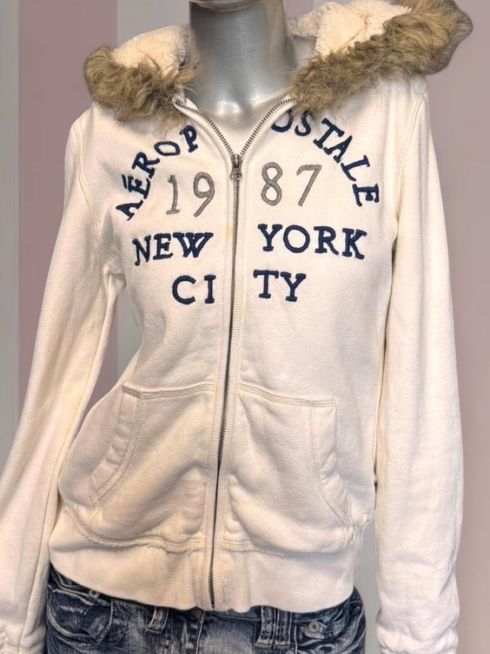 Aeropostale Y2K Grail Faux-Fur Trim Beige Zip Hoodie